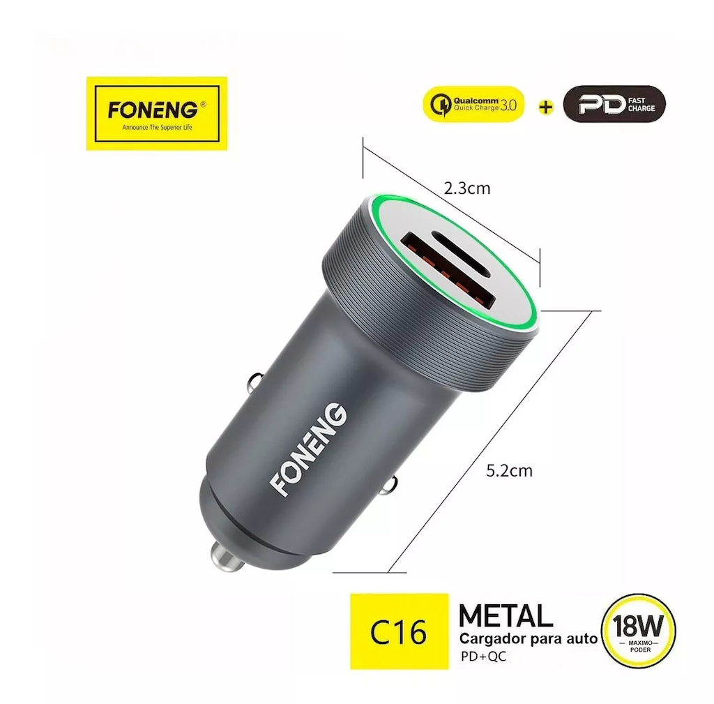 Cargador Para Auto Carga Rapida Dual Usb Tipo C 18w