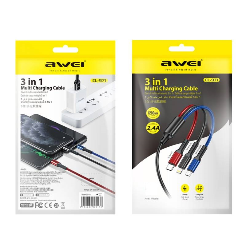 Cable 3 En 1 Lightning Tipo C Micro Usb Awei Cl-971